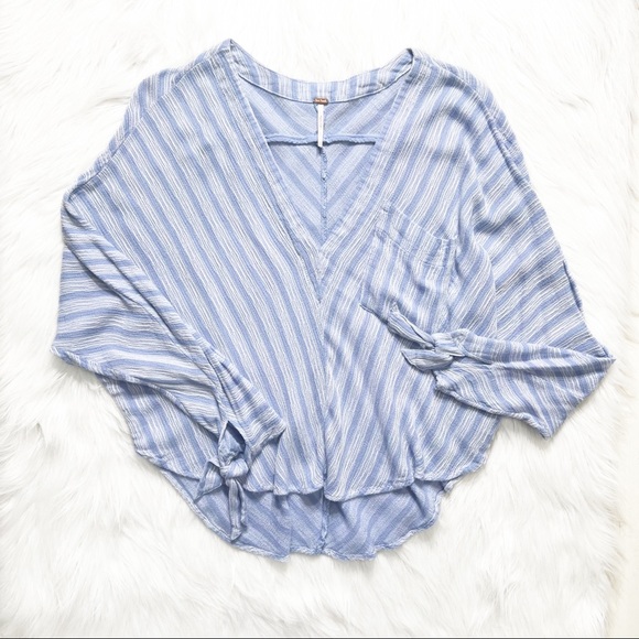 Free People Tie Sleeve Blue White Pinstripe V Neck Dolman Long Sleeve Top - Picture 11 of 16